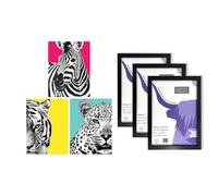 Artery8 Bright Wild Animals Wall Art - Set of 3 A4 Sized Art with Black Frames - Pink Yellow Blue Zebra Lion Leopard Colour Block Posters