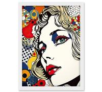 Artery8 Bright Woman Face with Geometric Patterns and Bubbles Comic Book Style Pop Art Halftone Artwork Framed A3 Wall Art Print