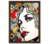 Artery8 Bright Woman Face with Geometric Patterns and Bubbles Comic Book Style Pop Art Halftone Artwork Framed A3 Wall Art Print
