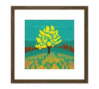 Artery8 Bright Yellow Tree On Turquoise Hill Modern Autumn Illustration Square Wooden Framed Wall Art Print Picture 8X8 Inch in Brown Artery8 Brown