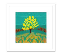 Artery8 Bright Yellow Tree On Turquoise Hill Modern Autumn Illustration Square Wooden Framed Wall Art Print Picture 8X8 Inch in White Artery8 White