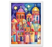 Artery8 Brightly Decorated Buildings At Night Folk Art Watercolour Painting Artwork Framed A3 Wall Art Print