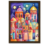 Artery8 Brightly Decorated Buildings At Night Folk Art Watercolour Painting Artwork Framed A3 Wall Art Print