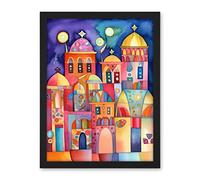 Artery8 Brightly Decorated Buildings At Night Folk Art Watercolour Painting Artwork Framed Wall Art Print 18X24 Inch