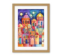 Artery8 Brightly Decorated Buildings At Night Folk Art Watercolour Painting Artwork Framed Wall Art Print 18X24 Inch