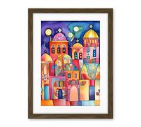 Artery8 Brightly Decorated Buildings At Night Folk Art Watercolour Painting Artwork Framed Wall Art Print 18X24 Inch