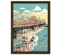 Artery8 Brighton Beach Pier and Sandy Summer Scene Artwork Framed A3 Wall Art Print