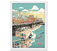Artery8 Brighton Beach Pier and Sandy Summer Scene Artwork Framed A3 Wall Art Print