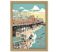 Artery8 Brighton Beach Pier and Sandy Summer Scene Artwork Framed A3 Wall Art Print