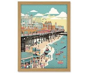 Artery8 Brighton Beach Pier and Sandy Summer Scene Artwork Framed A3 Wall Art Print