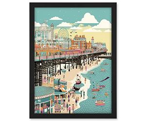 Artery8 Brighton Beach Pier and Sandy Summer Scene Artwork Framed A3 Wall Art Print