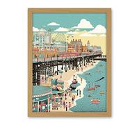 Artery8 Brighton Beach Pier and Sandy Summer Scene Artwork Framed Wall Art Print 18X24 Inch