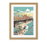 Artery8 Brighton Beach Pier and Sandy Summer Scene Artwork Framed Wall Art Print 18X24 Inch