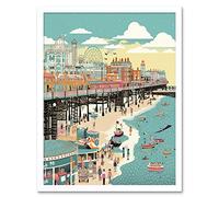 Artery8 Brighton Beach Pier and Sandy Summer Scene Artwork Framed Wall Art Print 9X7 Inch