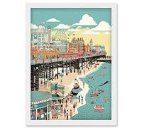 Artery8 Brighton Beach Pier and Sandy Summer Scene Artwork Framed Wall Art Print A4