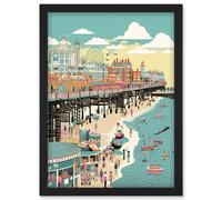 Artery8 Brighton Beach Pier & Sandy Summer Scene Artwork Framed Wall Art Print A4 in Black Artery8 Black