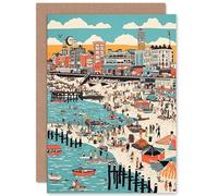 Artery8 Brighton Beach Warm Summer Day Colourful Linocut Travel Birthday Sealed Greeting Card Plus Envelope Blank inside
