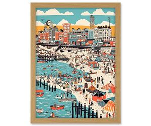 Artery8 Brighton Beach Warm Summer Day Colourful Scene Artwork Framed A3 Wall Art Print