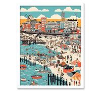 Artery8 Brighton Beach Warm Summer Day Colourful Scene Artwork Framed Wall Art Print 9X7 Inch