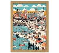 Brighton Beach Warm Summer Day Colourful Scene Artwork Framed Wall Art Print A4 Artery8 Light Oak One Size