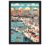 Brighton Beach Warm Summer Day Colourful Scene Artwork Framed Wall Art Print A4 Artery8 Black One Size