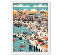 Brighton Beach Warm Summer Day Colourful Scene Artwork Framed Wall Art Print A4 Artery8 White One Size