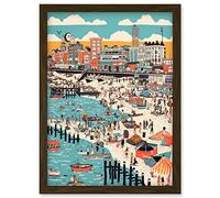 Brighton Beach Warm Summer Day Colourful Scene Artwork Framed Wall Art Print A4 Artery8 Brown One Size