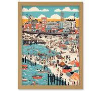 Brighton Beach Warm Summer Day Colourful Scene Artwork Framed Wall Art Print A4 Artery8 Light Oak One Size