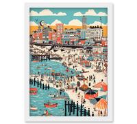 Brighton Beach Warm Summer Day Colourful Scene Artwork Framed Wall Art Print A4 Artery8 White One Size