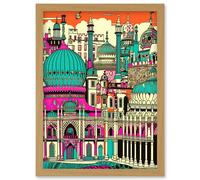 Brighton Royal Pavilion Palace Vibrant Detailed Artwork Framed Wall Art Print A4 Artery8 Light Oak One Size