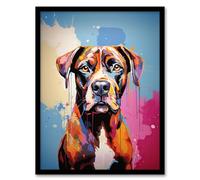 Wall Art Print Brindle Boxer Dog Lover Gift Pet Portrait Blue Pink Orange Artwork Painting Art Framed Artery8 Multi A4