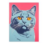 British Shorthair Cat Blue On Coral Pink Bold Vibrant Screen Print Risograph Artwork Spot Block Colour Duotone Retro Riso Interior Design Unframed Wal Artery8 Multi W24 inch x H32 inch
