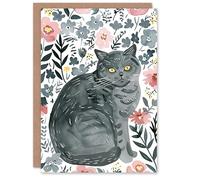 Artery8 British Shorthair Cat Lover Floral Pet Portrait For Her Woman Birthday Card