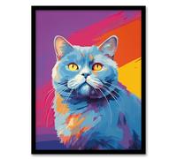 Wall Art Print British Shorthair Cat Lover Gift Pet Portrait Purple Orange Blue Artwork Painting Art Framed Artery8 Multi A4