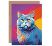 Artery8 British Shorthair Cat Lover Gift Pet Portrait Purple Orange Blue Artwork Painting Sealed Greeting Card Plus Envelope Blank inside