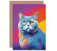 Artery8 British Shorthair Cat Lover Gift Pet Portrait Purple Orange Blue Artwork Painting Sealed Greeting Card Plus Envelope Blank inside