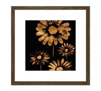 Artery8 Bronze Daisy Daisies Flowers on Black Metallic Effect Foil Style Black Painting Square Wooden Framed Wall Art Print Picture 8X8 Inch in Brown Artery8 Brown