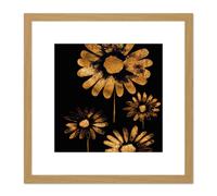Artery8 Bronze Daisy Daisies Flowers on Black Metallic Effect Foil Style Black Painting Square Wooden Framed Wall Art Print Picture 8X8 Inch Artery8 Light Oak