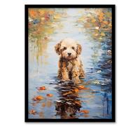 Artery8 Brown Cockapoo And Autumn Leaves In Lake Claude Monet Style Dog Oil Painting Artwork Framed Wall Art Print 18X24 Inch