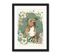 Artery8 Brown Staffordshire Bull Terrier and Flowers Modern Pastel Boho Illustration Artwork Framed Wall Art Print 18X24 Inch