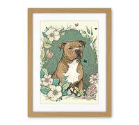 Artery8 Brown Staffordshire Bull Terrier and Flowers Modern Pastel Boho Illustration Artwork Framed Wall Art Print 18X24 Inch