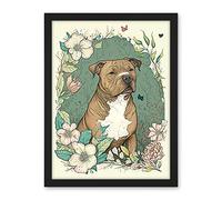 Artery8 Brown Staffordshire Bull Terrier and Flowers Modern Pastel Boho Illustration Artwork Framed Wall Art Print 18X24 Inch