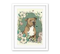 Artery8 Brown Staffordshire Bull Terrier and Flowers Modern Pastel Boho Illustration Artwork Framed Wall Art Print 18X24 Inch