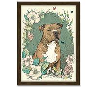 Artery8 Brown Staffordshire Bull Terrier and Flowers Modern Pastel Boho Illustration Artwork Framed A3 Wall Art Print