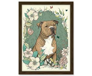 Artery8 Brown Staffordshire Bull Terrier and Flowers Modern Pastel Boho Illustration Artwork Framed A3 Wall Art Print