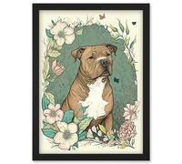 Artery8 Brown Staffordshire Bull Terrier & Flowers Modern Pastel Boho Illustration Artwork Framed Wall Art Print A4 in Black Artery8 Black
