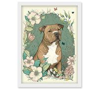 Artery8 Brown Staffordshire Bull Terrier & Flowers Modern Pastel Boho Illustration Artwork Framed Wall Art Print A4 in White Artery8 White