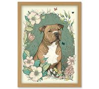 Artery8 Brown Staffordshire Bull Terrier & Flowers Modern Pastel Boho Illustration Artwork Framed Wall Art Print A4 in Light Oak Artery8 Light Oak