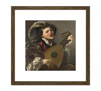 Artery8 Brugghen Man Playing Lute Painting 8X8 Inch Square Wooden Framed Wall Art Print Picture with Mount
