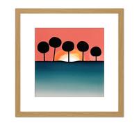 Artery8 Bubble Tree Dark Outlines Boho Sunset Horizon Landscape Coral Teal Watercolour Illustration Square Wooden Framed Wall Art Print Picture 8X8 Artery8 Light Oak